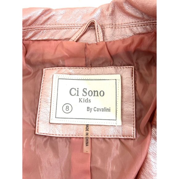 Ci Sono Kids Girl Moto Biker Jacket 8 Metallic Pink Faux Leather Zipper Pockets - Picture 4 of 14